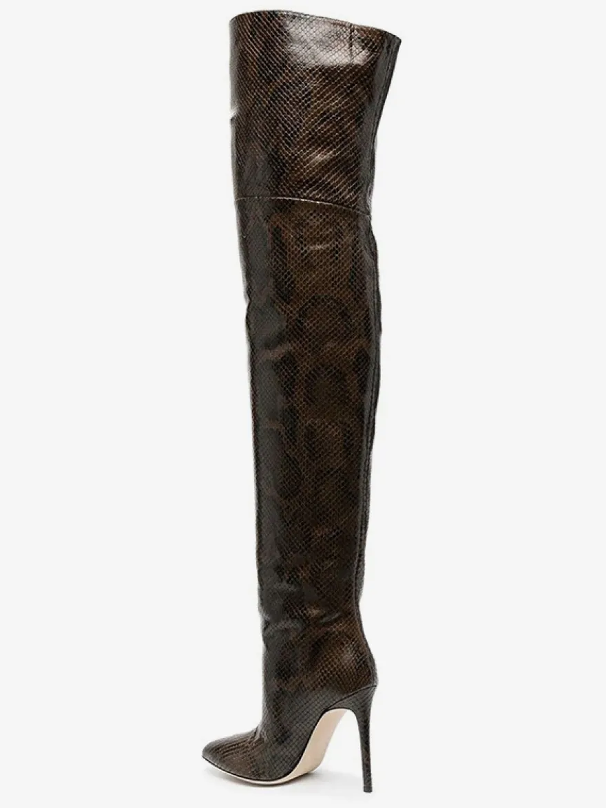 Bottes cuissardes sexy pour femmes bout pointu motif serpent talons hauts