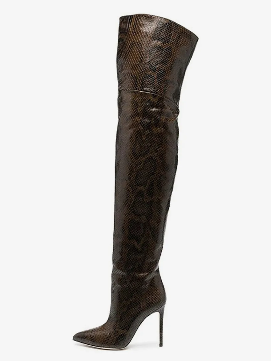 Bottes cuissardes sexy pour femmes bout pointu motif serpent talons hauts