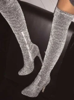 Bottes cuissardes sexy pour femmes Sequine argentée à bout pointu bottes au genou