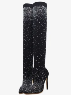 Bottes cuissardes à talon aiguille strass pour femmes
