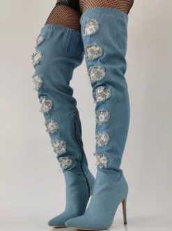 Bottes cuissardes à talons hauts bottes en jean à bout pointu et détails en dentelle au-dessus du genou