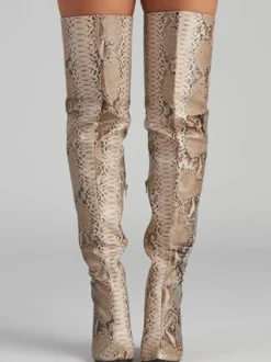 Bottes cuissardes à talons hauts pour femmes bout pointu motif serpent cuissardes