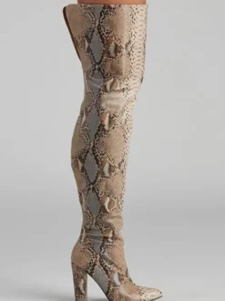 Bottes cuissardes à talons hauts pour femmes bout pointu motif serpent cuissardes