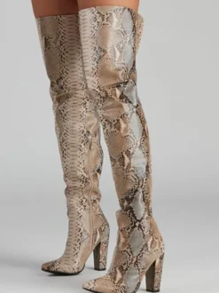 Bottes cuissardes à talons hauts pour femmes bout pointu motif serpent cuissardes
