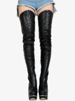 Bottes cuissardes à talons hauts pour femmes en cuir noir avec fermeture éclair à l'arrière bottes sexy montantes au-dessus du genou chaussures de soirée