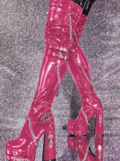 Bottes cuissardes unisexes noires à plateforme et talon épais détail chaîne bottes gothiques au-dessus du genou