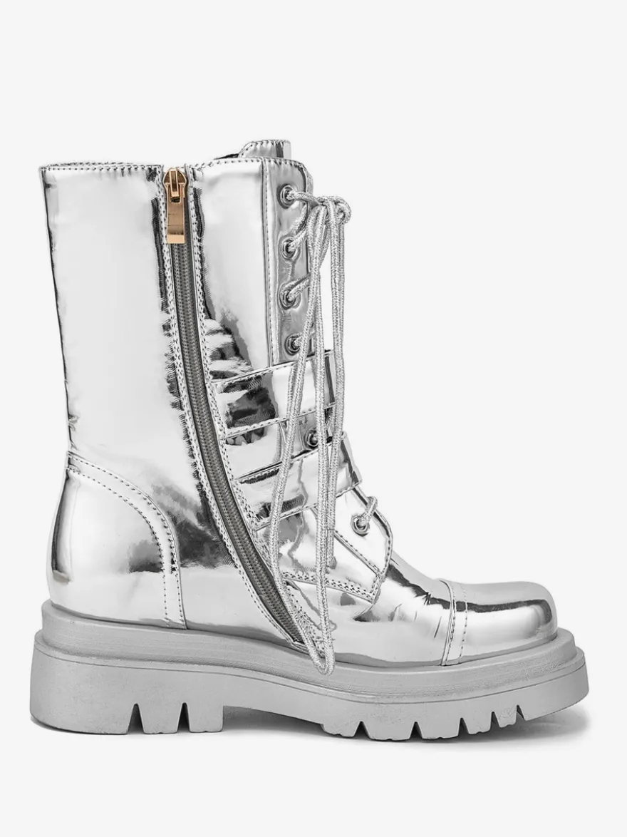 Bottes de combat argentées à bout rond avec boucle à fermeture éclair lacets