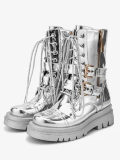 Bottes de combat argentées à bout rond avec boucle à fermeture éclair lacets