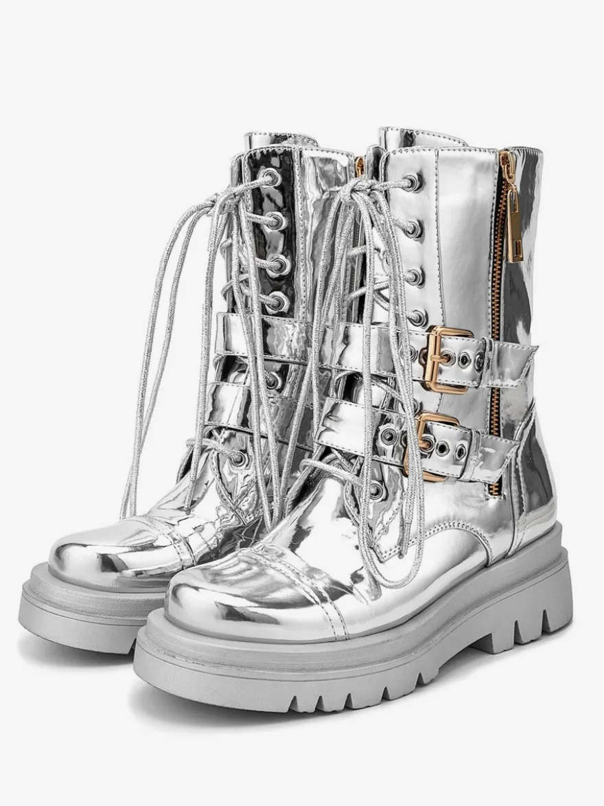 Bottes de combat argentées à bout rond avec boucle à fermeture éclair lacets