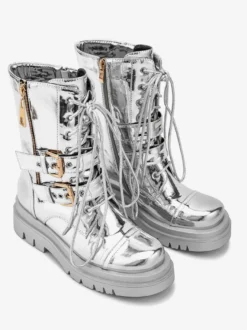 Bottes de combat argentées à bout rond avec boucle à fermeture éclair lacets