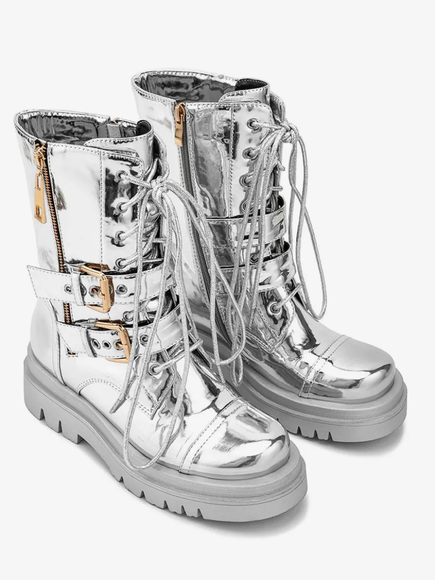 Bottes de combat argentées à bout rond avec boucle à fermeture éclair lacets