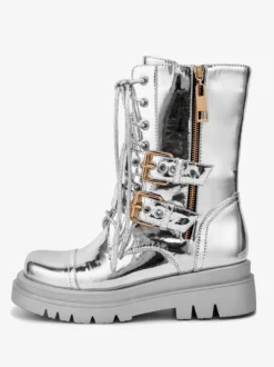 Bottes de combat argentées à bout rond avec boucle à fermeture éclair lacets