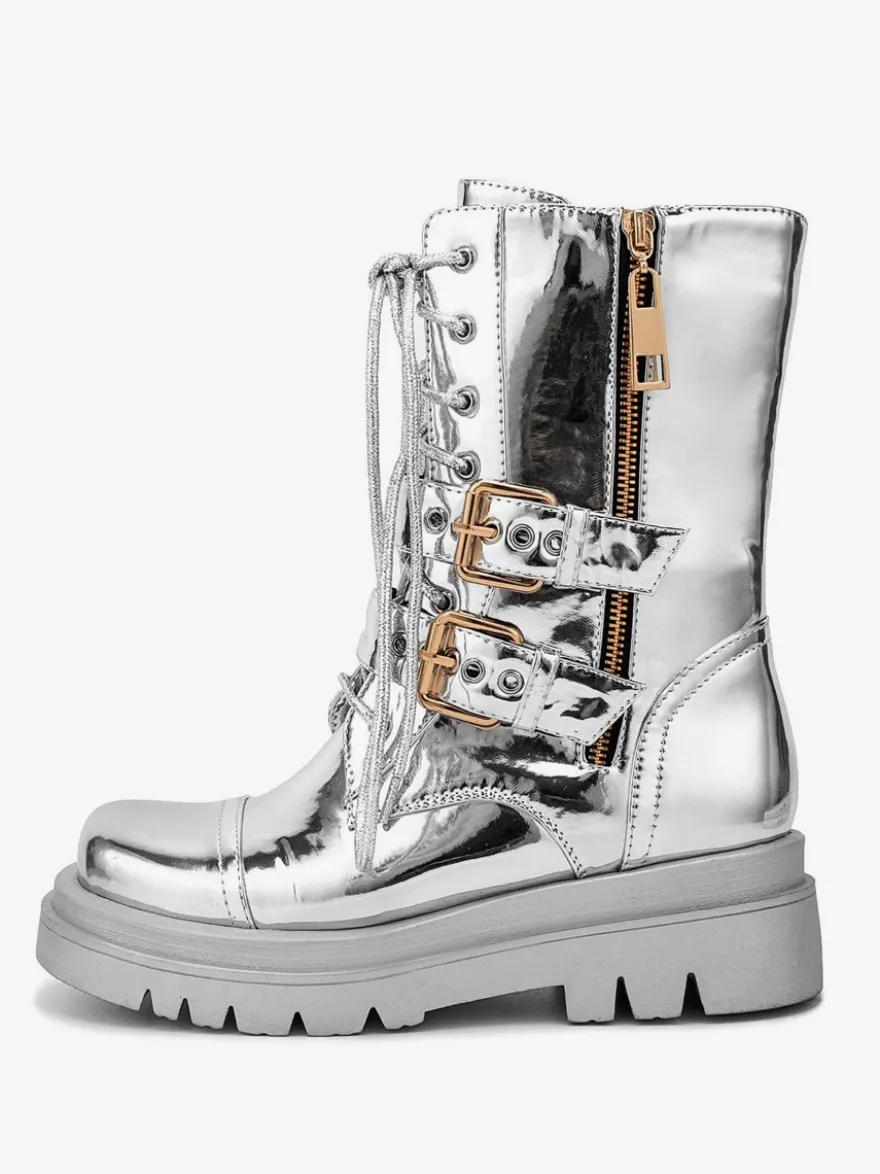 Bottes de combat argentées à bout rond avec boucle à fermeture éclair lacets