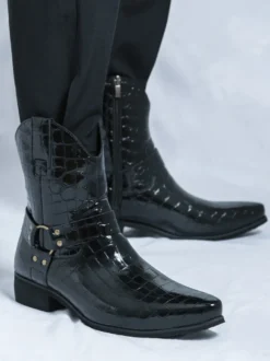 Bottes de cowboy à imprimé crocodile pour hommes bottes courtes à bout pointu et à talon bas