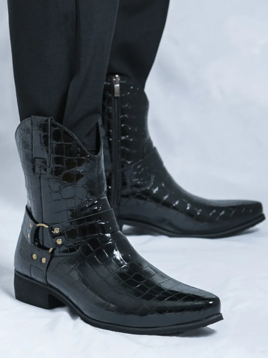 Bottes de cowboy à imprimé crocodile pour hommes bottes courtes à bout pointu et à talon bas