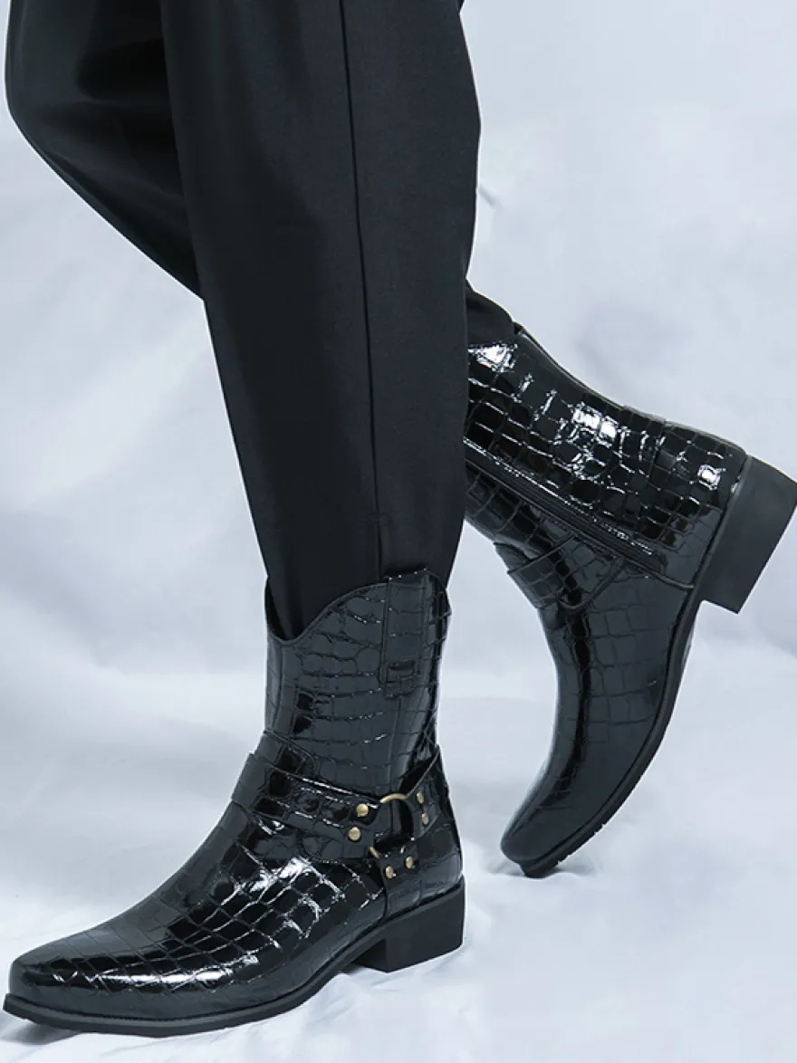 Bottes de cowboy à imprimé crocodile pour hommes bottes courtes à bout pointu et à talon bas
