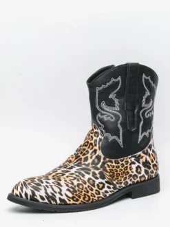 Bottes de cowboy montantes pour hommes chaussures à broderies léopard western