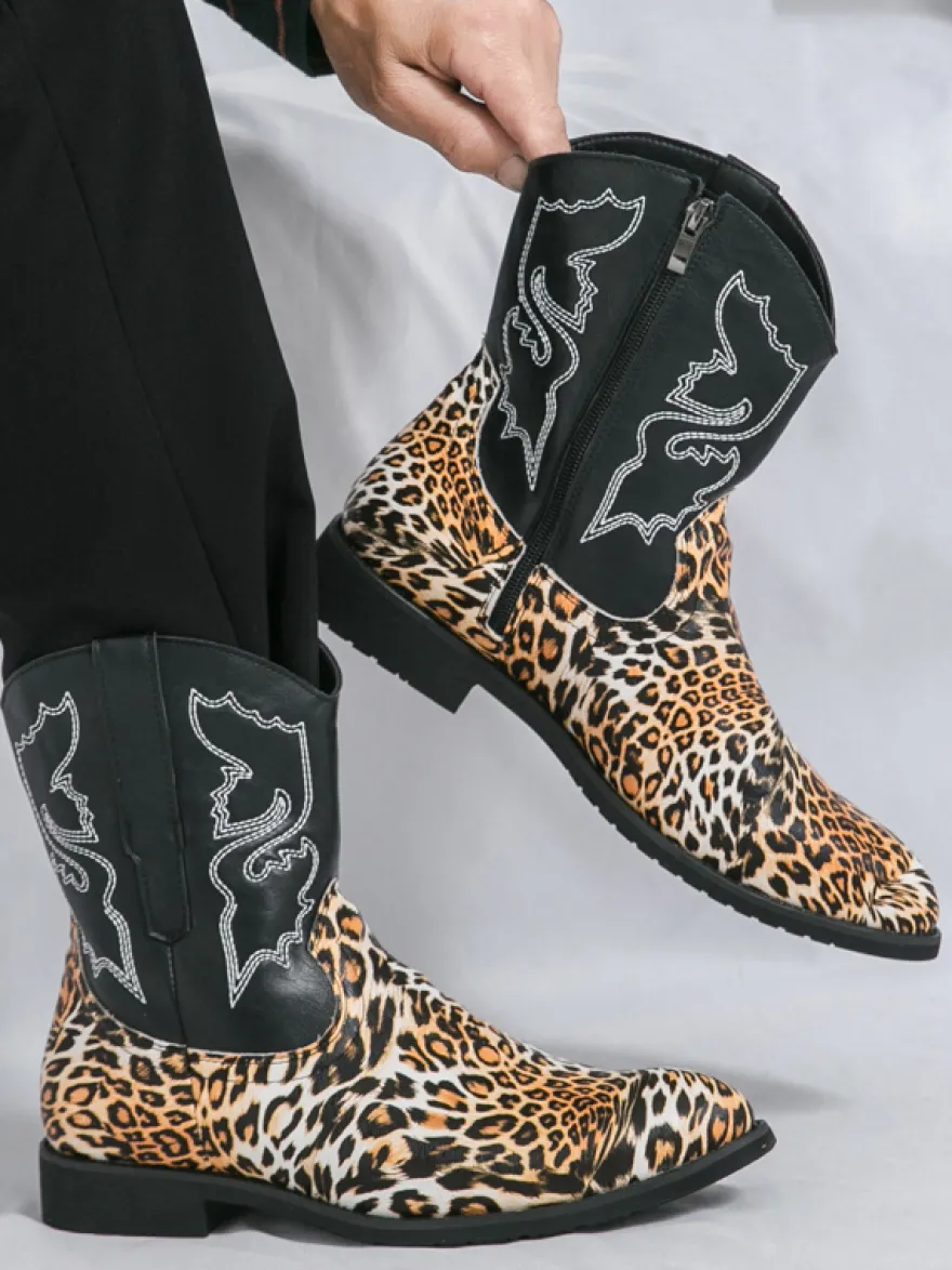 Bottes de cowboy montantes pour hommes chaussures à broderies léopard western