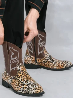Bottes de cowboy montantes pour hommes chaussures à broderies léopard western