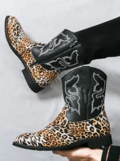 Bottes de cowboy montantes pour hommes chaussures à broderies léopard western