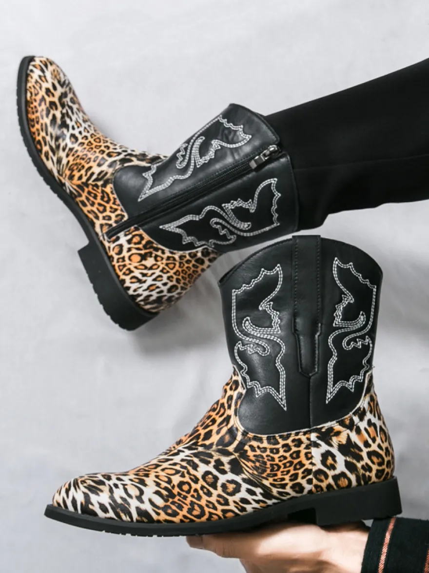 Bottes de cowboy montantes pour hommes chaussures à broderies léopard western