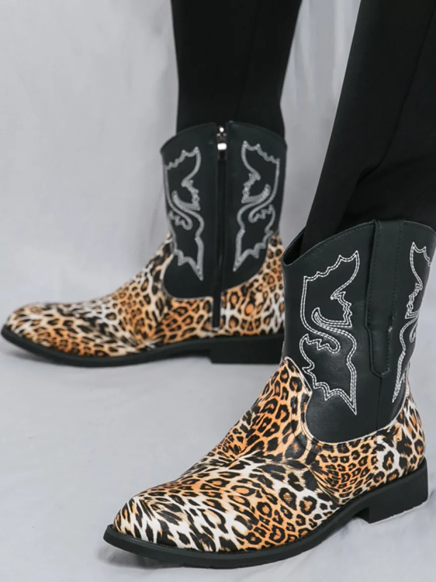 Bottes de cowboy montantes pour hommes chaussures à broderies léopard western