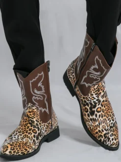 Bottes de cowboy montantes pour hommes chaussures à broderies léopard western