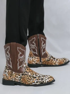 Bottes de cowboy montantes pour hommes chaussures à broderies léopard western