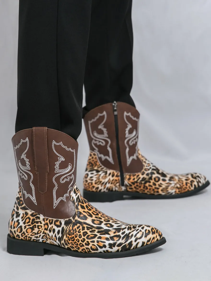 Bottes de cowboy montantes pour hommes chaussures à broderies léopard western