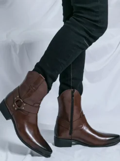 Bottes de cowboy pour hommes à bout pointu en cuir à talon bas et boutons décoratifs