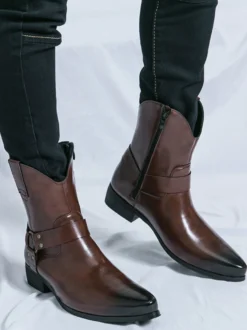 Bottes de cowboy pour hommes à bout pointu en cuir à talon bas et boutons décoratifs