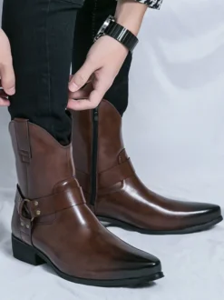 Bottes de cowboy pour hommes à bout pointu en cuir à talon bas et boutons décoratifs