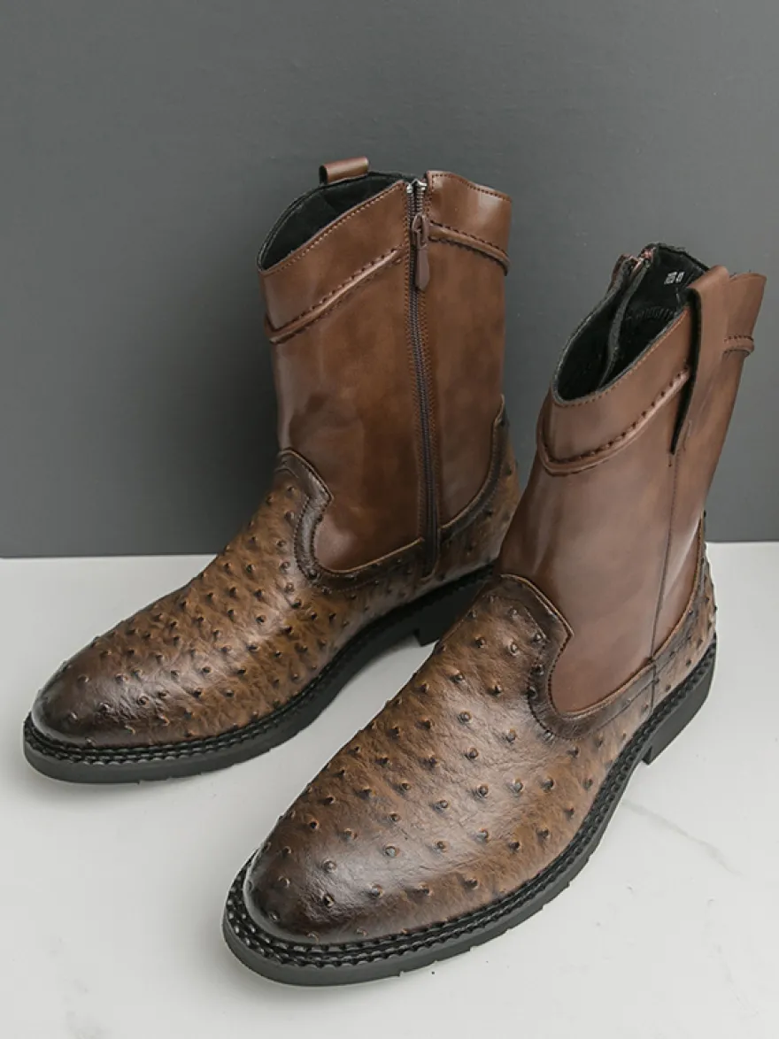 Bottes de cowboy pour hommes bottines à bout rond et talon bas à enfiler et fermeture éclair latérale
