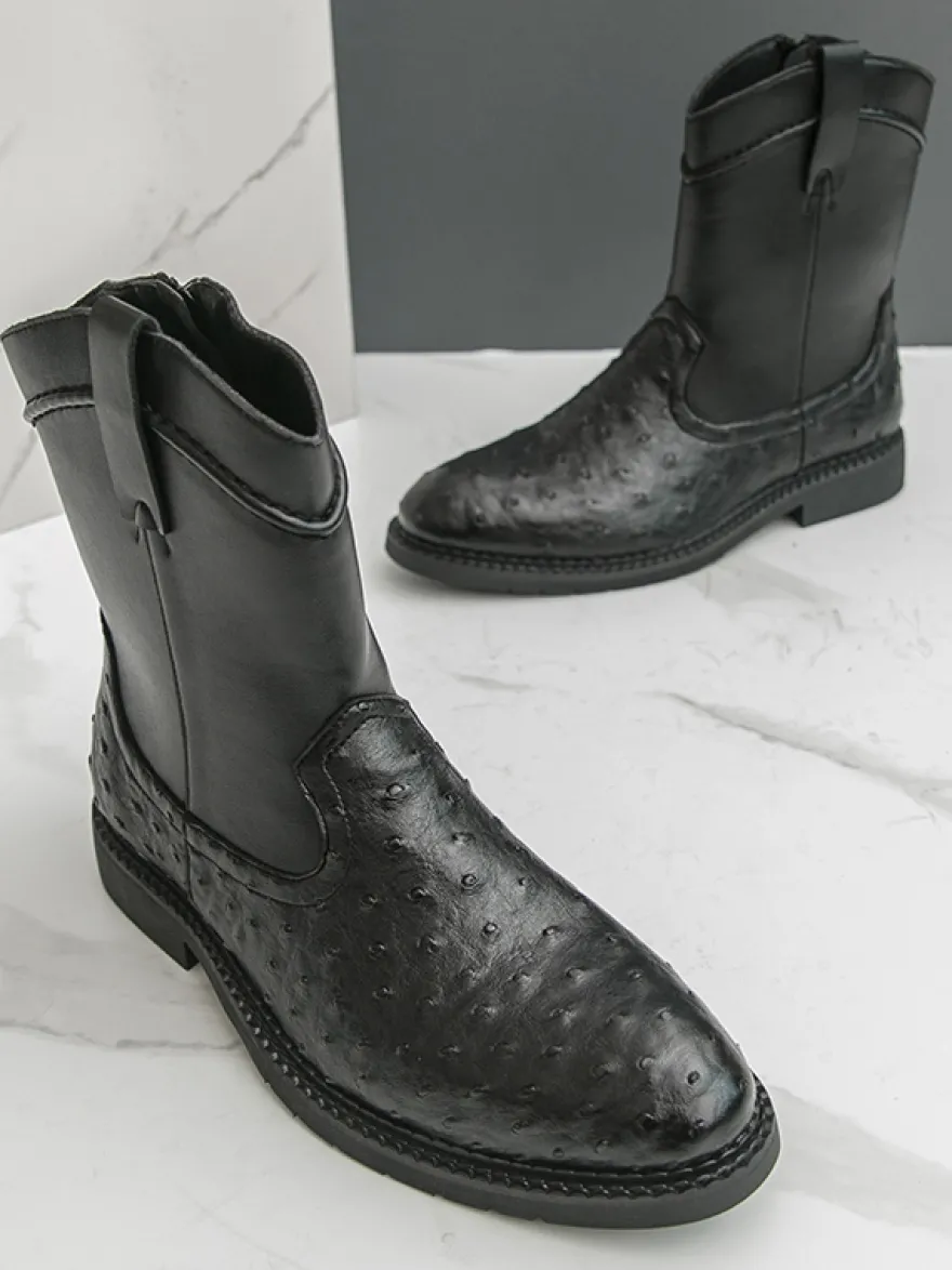 Bottes de cowboy pour hommes bottines à bout rond et talon bas à enfiler et fermeture éclair latérale