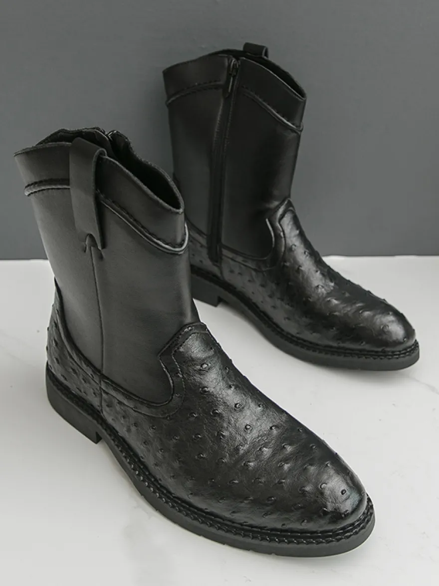 Bottes de cowboy pour hommes bottines à bout rond et talon bas à enfiler et fermeture éclair latérale
