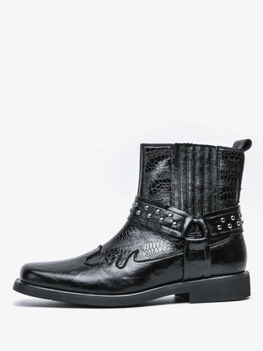 Bottes de cowboy pour hommes bout carré rivets bottes de motard punk bottes montantes à enfiler