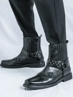 Bottes de cowboy pour hommes bout carré rivets bottes de motard punk bottes montantes à enfiler