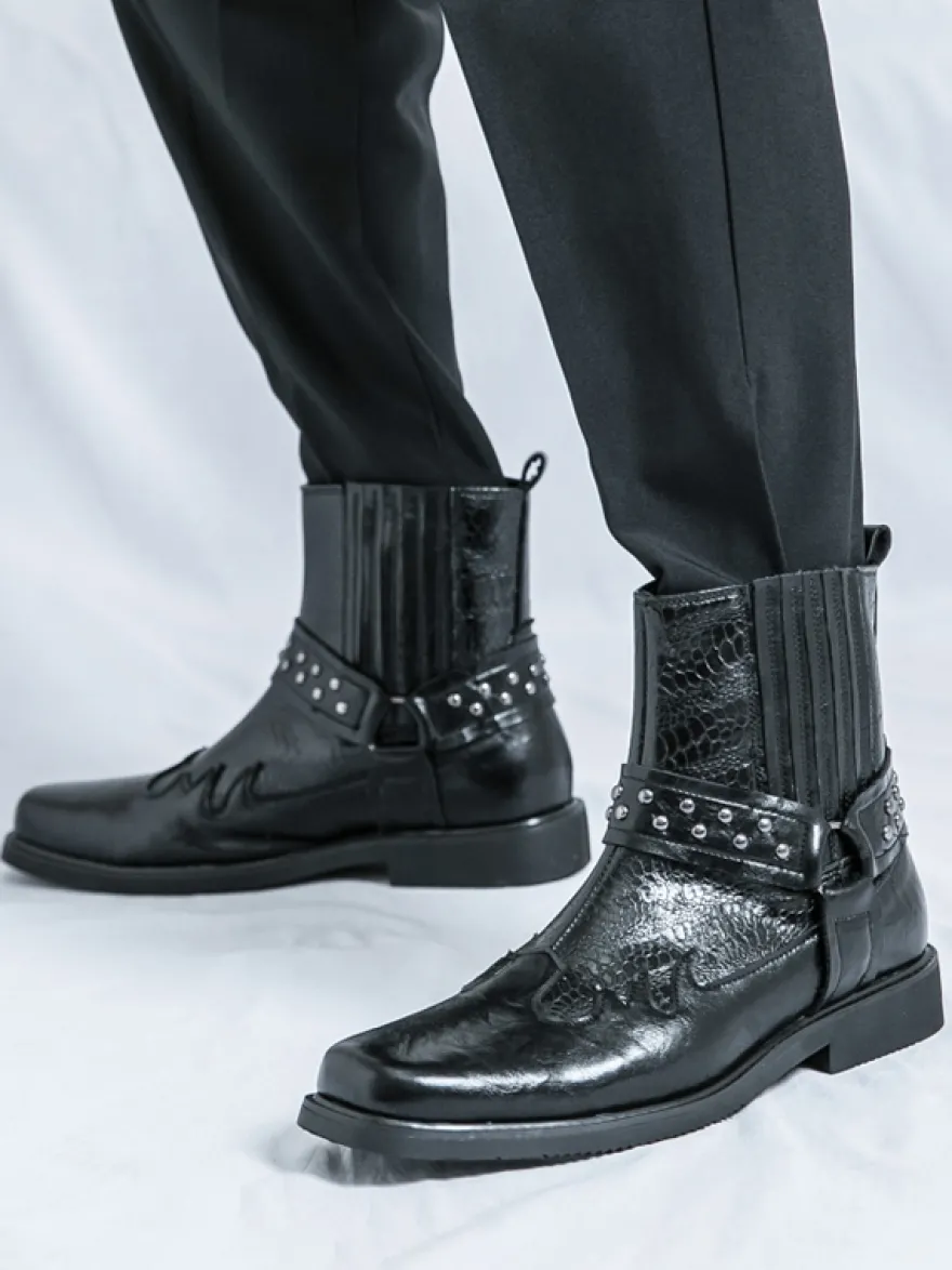 Bottes de cowboy pour hommes bout carré rivets bottes de motard punk bottes montantes à enfiler