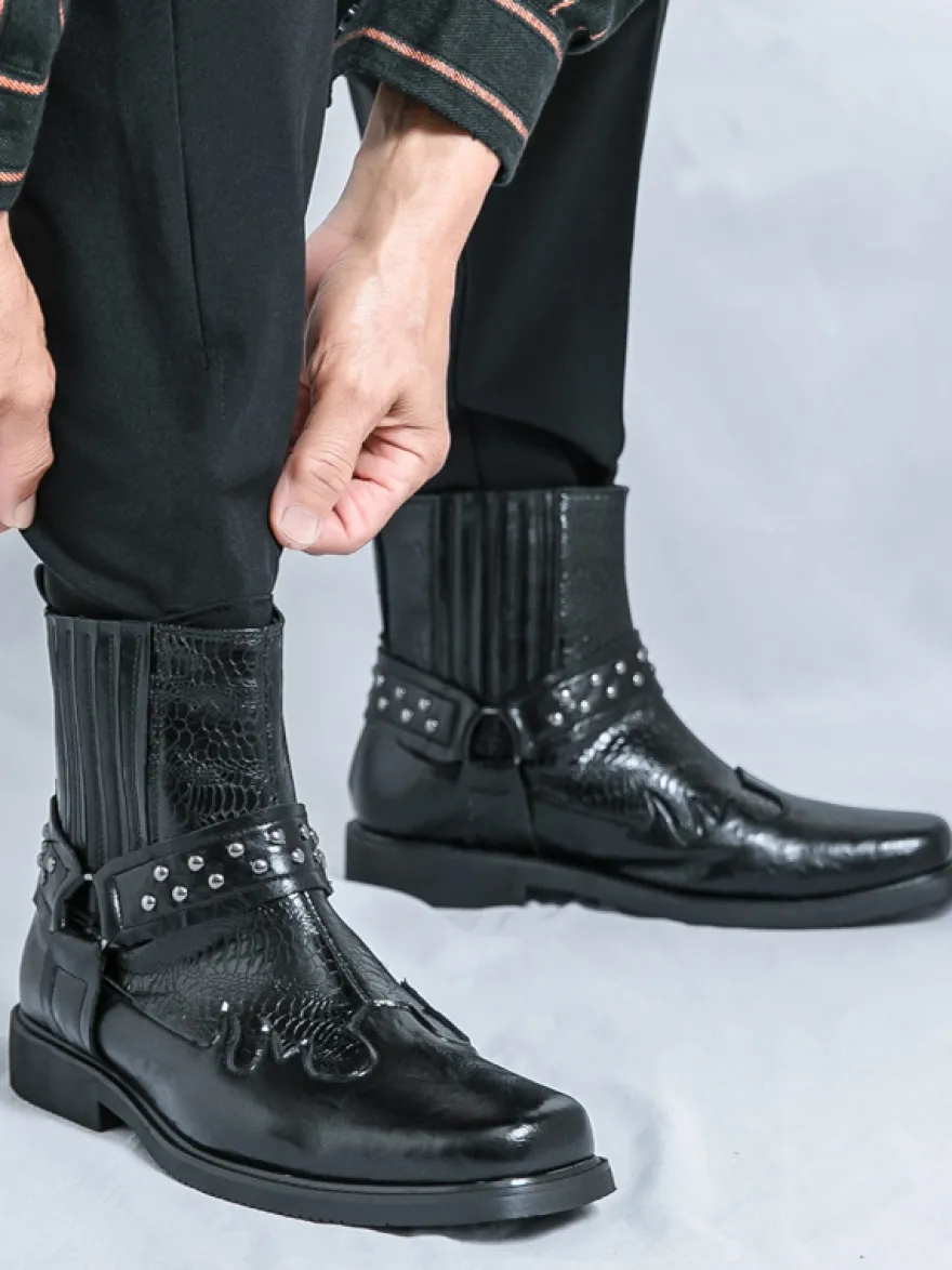 Bottes de cowboy pour hommes bout carré rivets bottes de motard punk bottes montantes à enfiler