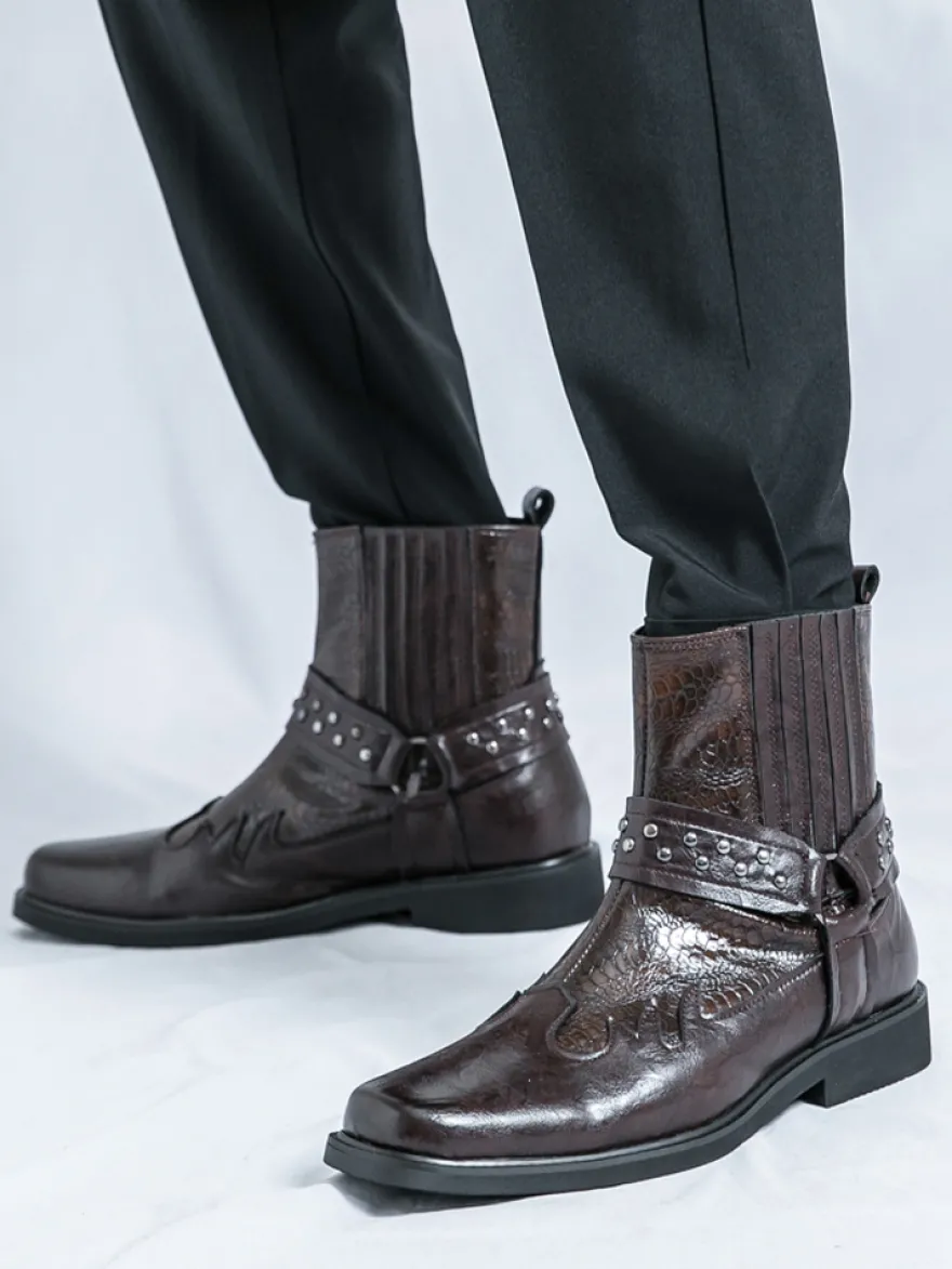 Bottes de cowboy pour hommes bout carré rivets bottes de motard punk bottes montantes à enfiler