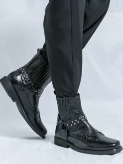 Bottes de cowboy pour hommes bout carré rivets bottes de motard punk bottes montantes à enfiler