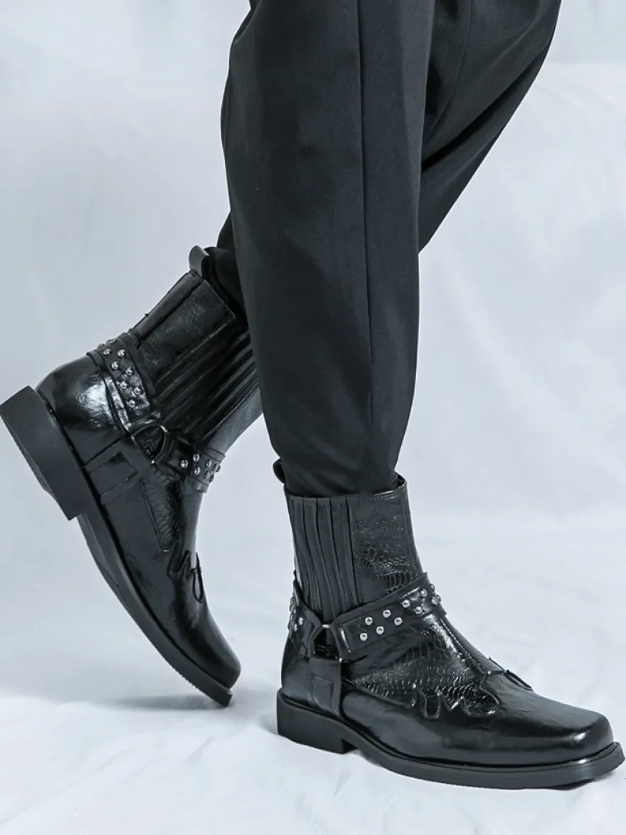 Bottes de cowboy pour hommes bout carré rivets bottes de motard punk bottes montantes à enfiler