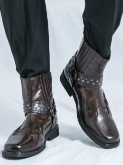 Bottes de cowboy pour hommes bout carré rivets bottes de motard punk bottes montantes à enfiler