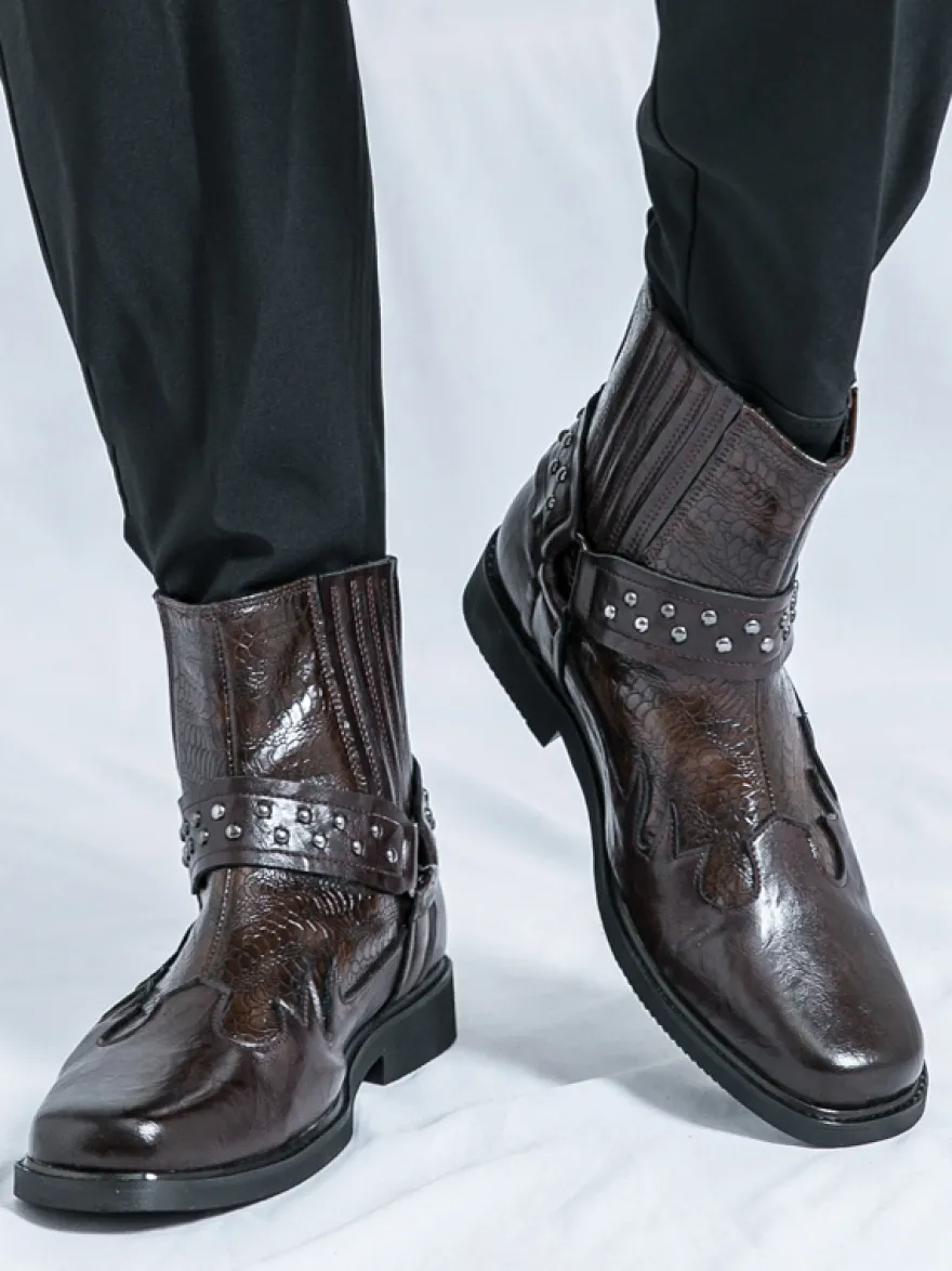 Bottes de cowboy pour hommes bout carré rivets bottes de motard punk bottes montantes à enfiler