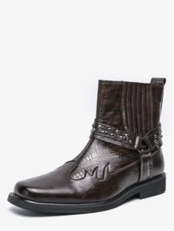 Bottes de cowboy pour hommes bout carré rivets bottes de motard punk bottes montantes à enfiler