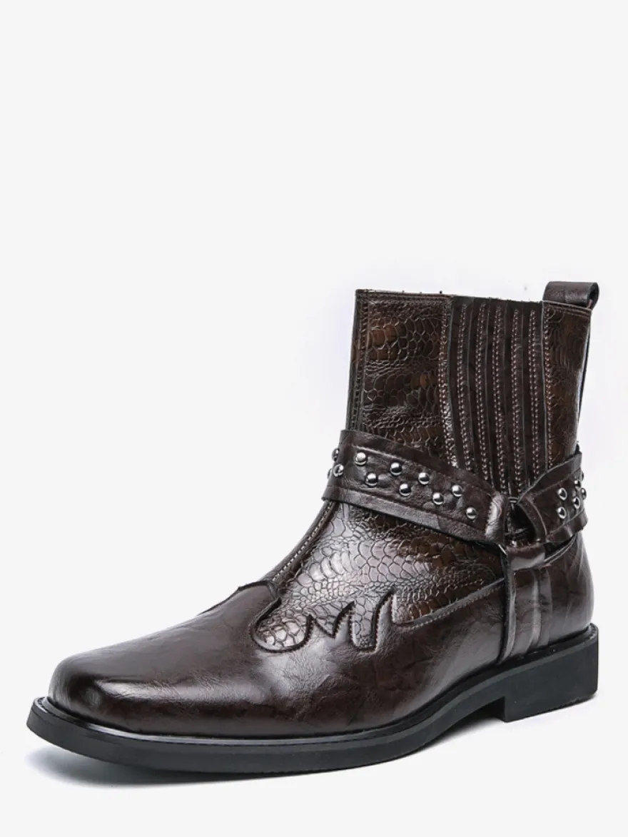 Bottes de cowboy pour hommes bout carré rivets bottes de motard punk bottes montantes à enfiler