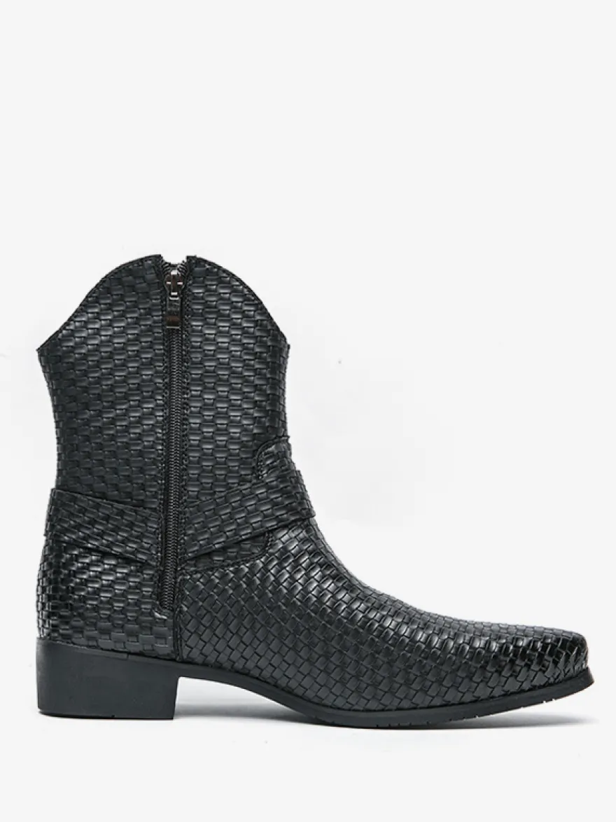 Bottes de cowboy pour hommes bottines en cuir tressé à bout pointu et à talon bas