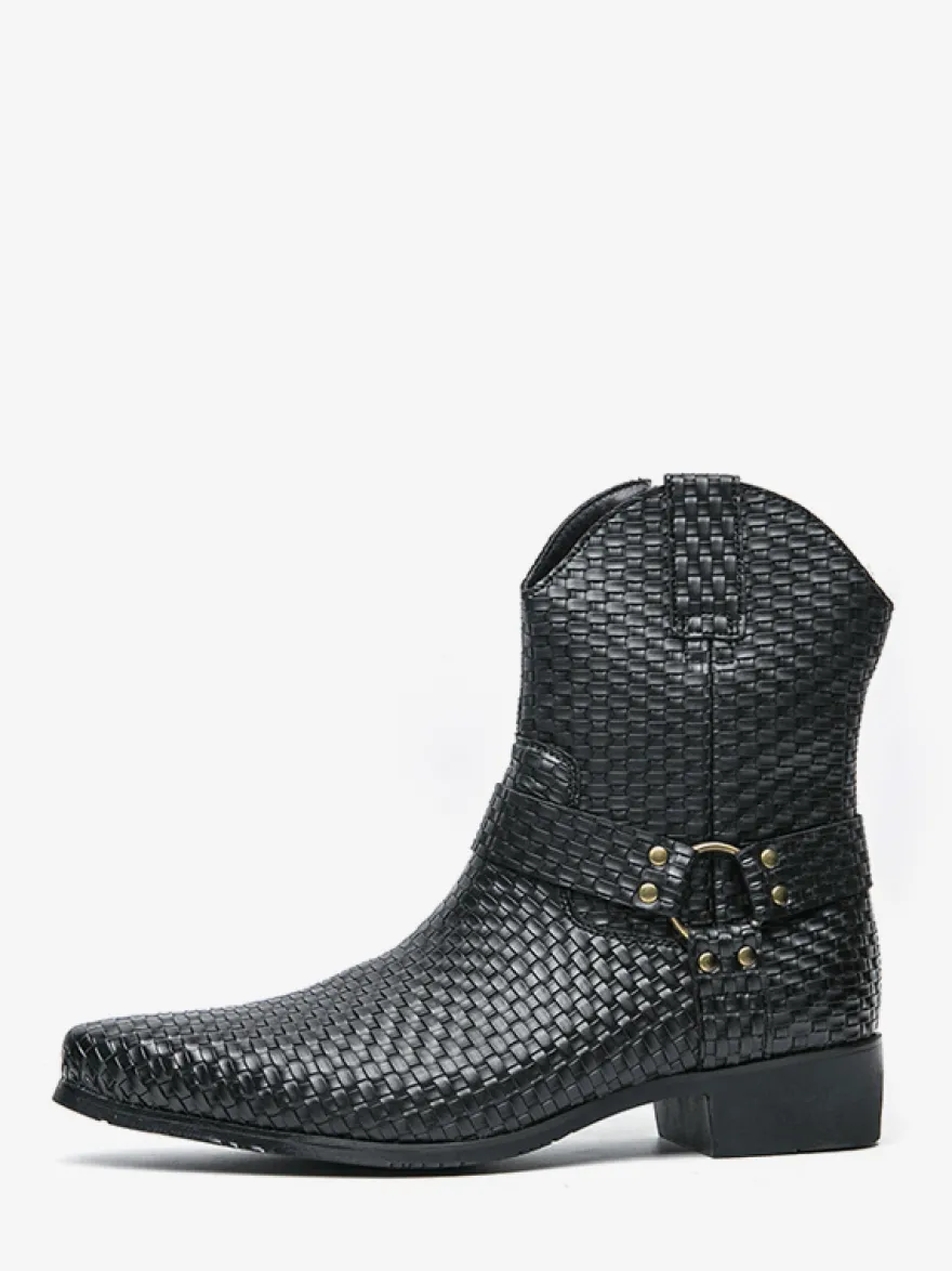 Bottes de cowboy pour hommes bottines en cuir tressé à bout pointu et à talon bas