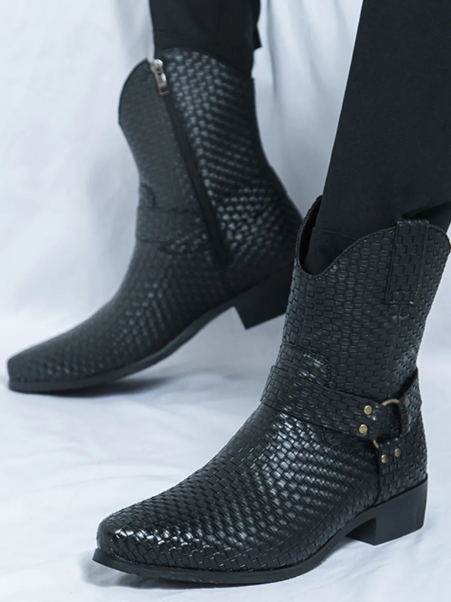 Bottes de cowboy pour hommes bottines en cuir tressé à bout pointu et à talon bas