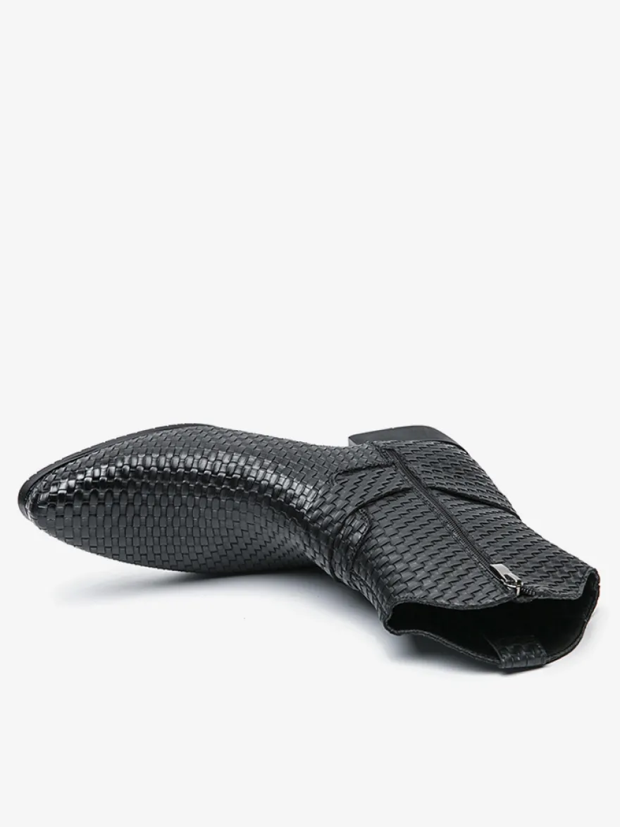 Bottes de cowboy pour hommes bottines en cuir tressé à bout pointu et à talon bas